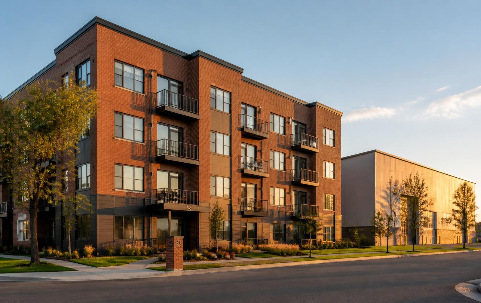 An apartment building next to a warehouse in warm evening light